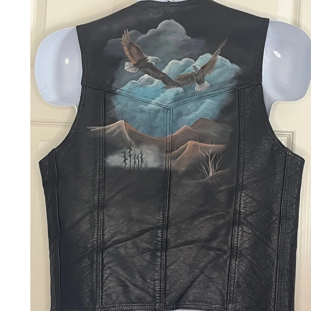 Vtg Leather Biker Vest Airbrushed Eagles in Flight Mountain Sz‎ Med name GAR